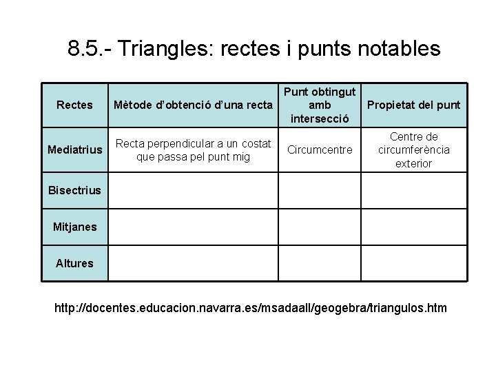 8. 5. - Triangles: rectes i punts notables Rectes Mètode d’obtenció d’una recta Mediatrius