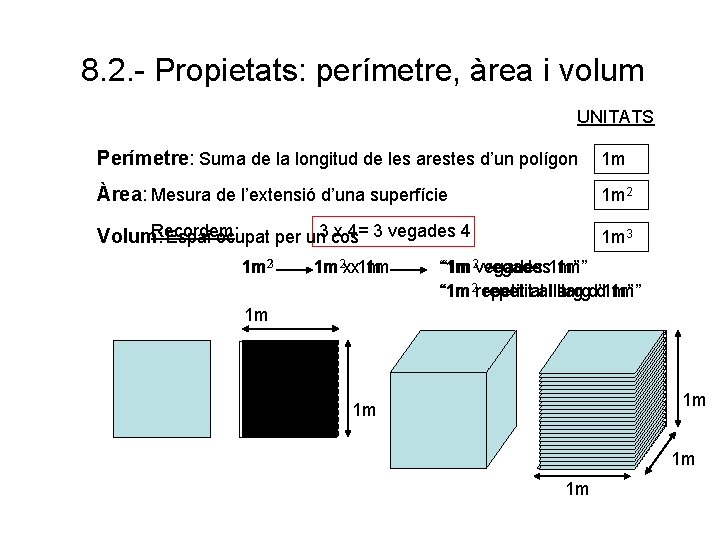 8. 2. - Propietats: perímetre, àrea i volum UNITATS Perímetre: Suma de la longitud