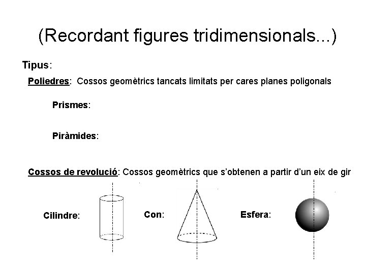 (Recordant figures tridimensionals. . . ) Tipus: Poliedres: Cossos geomètrics tancats limitats per cares