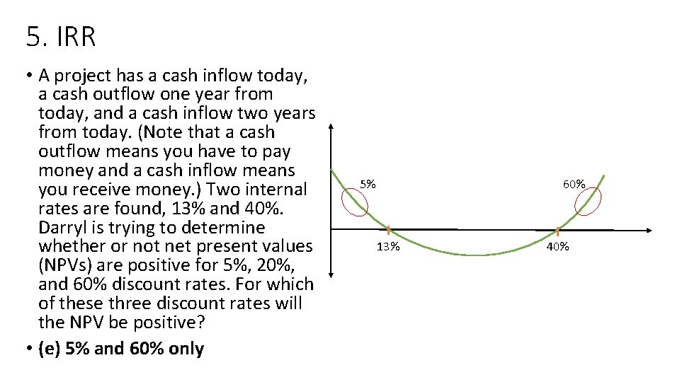 5. IRR • A project has a cash inflow today, a cash outflow one