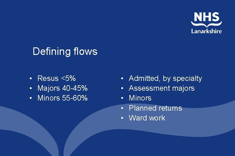 Defining flows • Resus <5% • Majors 40 -45% • Minors 55 -60% •