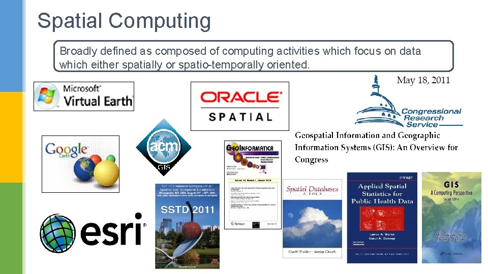 Spatial Computing Broadly defined as composed of computing activities which focus on data which
