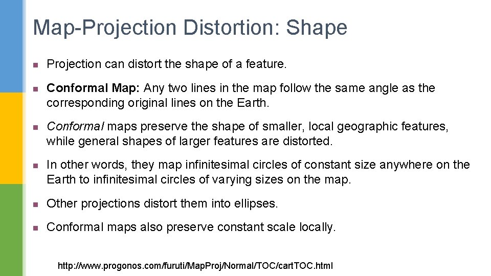 Map-Projection Distortion: Shape n n Projection can distort the shape of a feature. Conformal