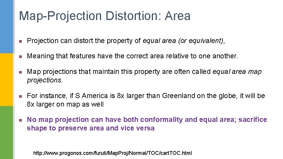 Map-Projection Distortion: Area n Projection can distort the property of equal area (or equivalent),