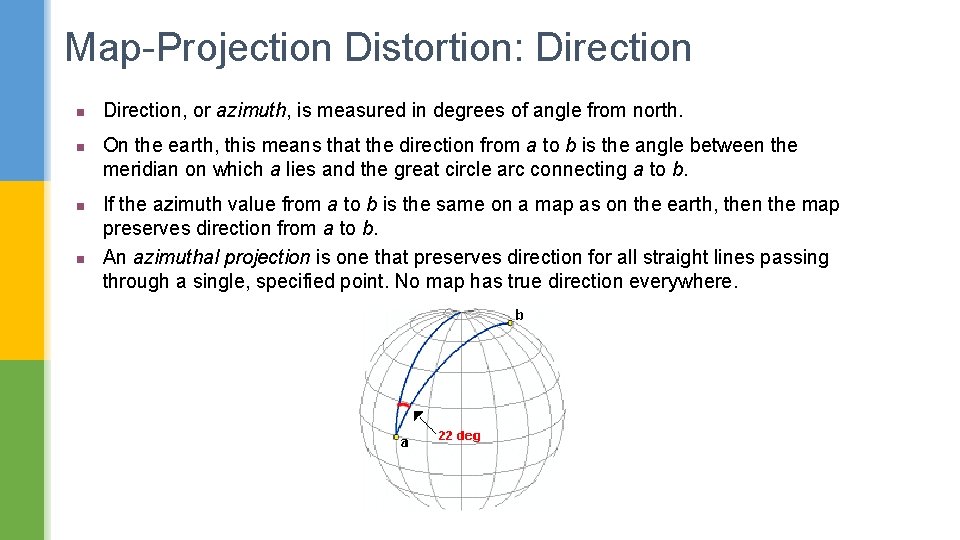 Map-Projection Distortion: Direction n n Direction, or azimuth, is measured in degrees of angle