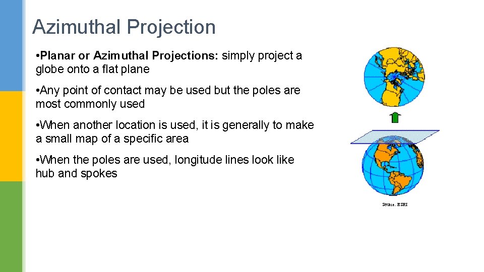 Azimuthal Projection • Planar or Azimuthal Projections: simply project a globe onto a flat