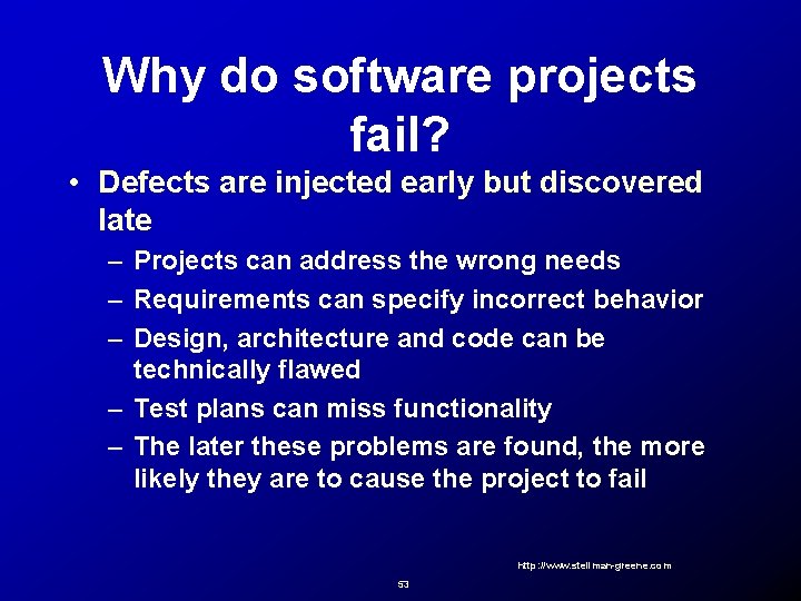 Why do software projects fail? • Defects are injected early but discovered late –