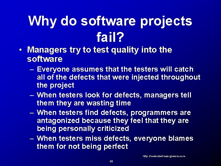 Why do software projects fail? • Managers try to test quality into the software