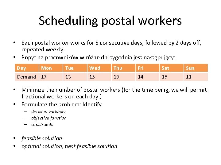 Scheduling postal workers • Each postal worker works for 5 consecutive days, followed by Scheduling postal workers • Each postal worker works for 5 consecutive days, followed by