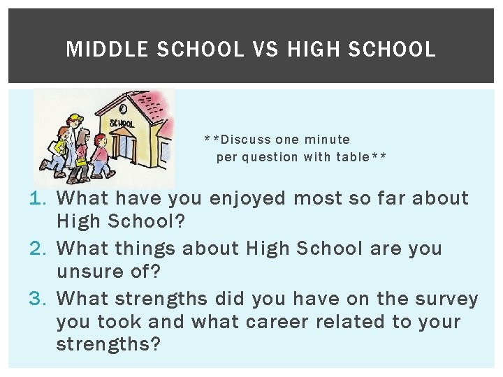 MIDDLE SCHOOL VS HIGH SCHOOL **Discuss one minute per question with table** 1. What MIDDLE SCHOOL VS HIGH SCHOOL **Discuss one minute per question with table** 1. What