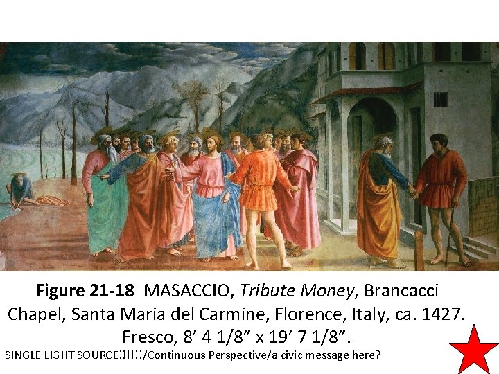 Figure 21 -18 MASACCIO, Tribute Money, Brancacci Chapel, Santa Maria del Carmine, Florence, Italy,