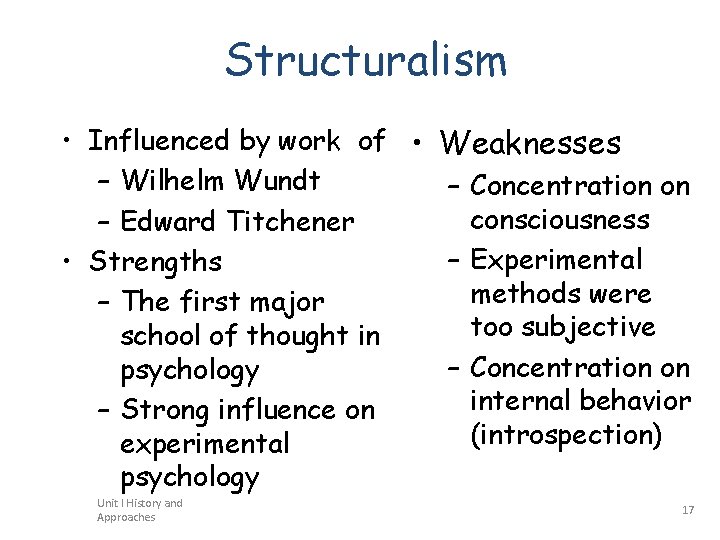 Structuralism • Influenced by work of • Weaknesses – Wilhelm Wundt – Concentration on