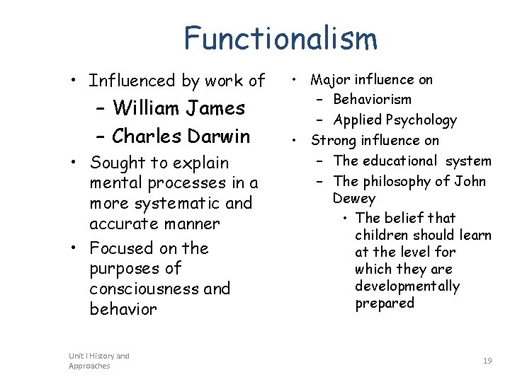 Functionalism • Influenced by work of – William James – Charles Darwin • Sought