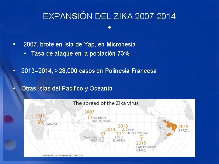 EXPANSIÓN DEL ZIKA 2007 -2014 • • 2007, brote en Isla de Yap, en