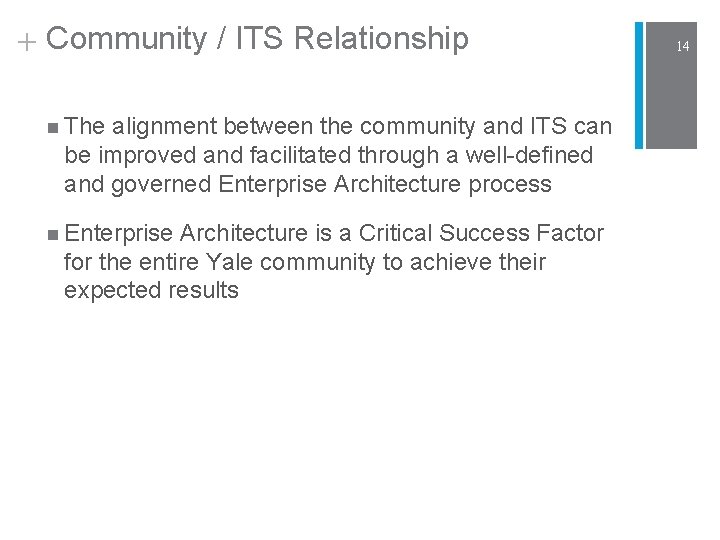 + Community / ITS Relationship n The alignment between the community and ITS can