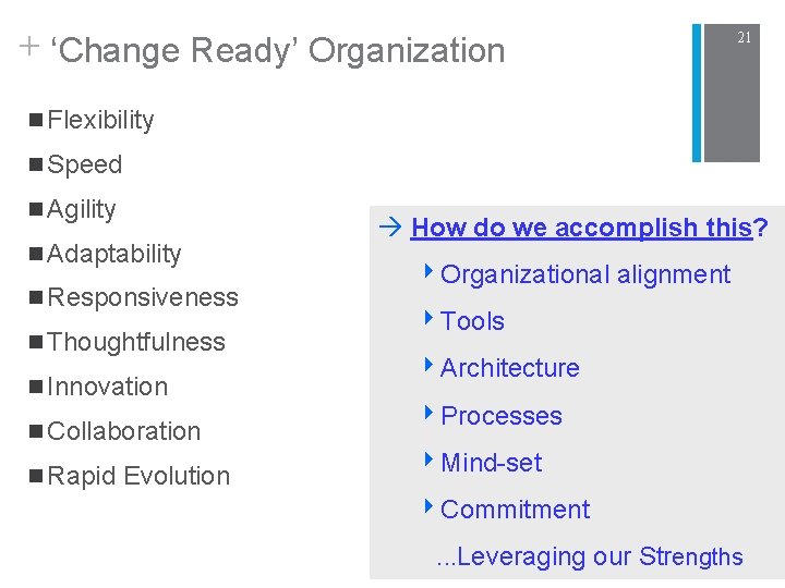 + ‘Change Ready’ Organization 21 n Flexibility n Speed n Agility n Adaptability n