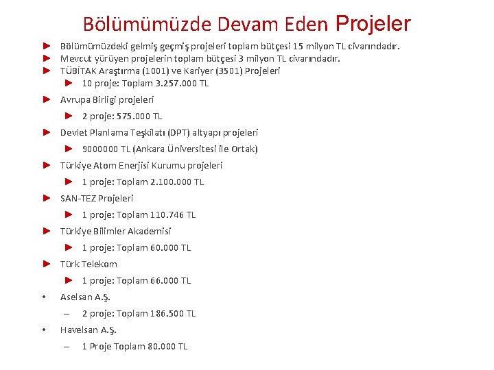 Bölümümüzde Devam Eden Projeler ► Bölümümüzdeki gelmiş geçmiş projeleri toplam bütçesi 15 milyon TL