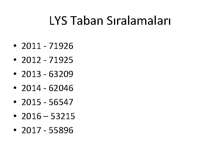 LYS Taban Sıralamaları • • 2011 - 71926 2012 - 71925 2013 - 63209