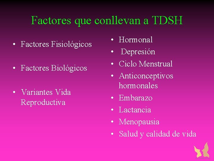 Factores que conllevan a TDSH • Factores Fisiológicos • Factores Biológicos • Variantes Vida Factores que conllevan a TDSH • Factores Fisiológicos • Factores Biológicos • Variantes Vida