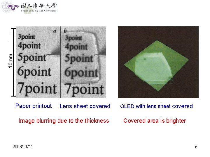 Paper printout Lens sheet covered Image blurring due to the thickness 2008/11/11 OLED with