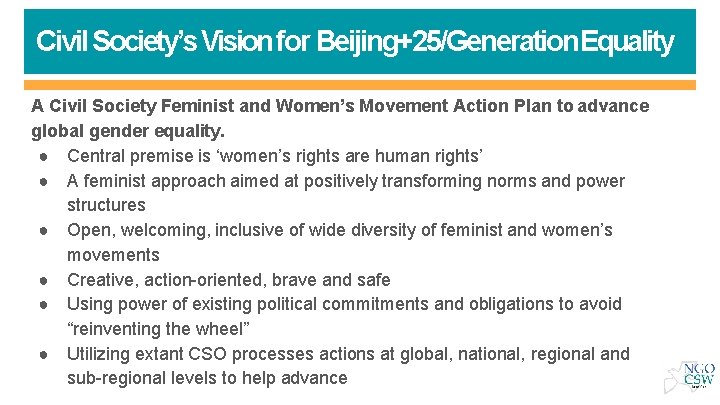 Civil Society’s Vision for Beijing+25/Generation Equality A Civil Society Feminist and Women’s Movement Action