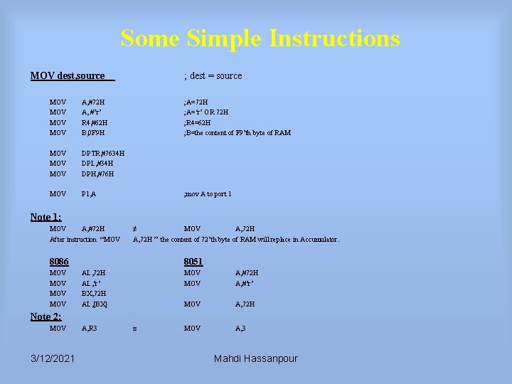 Some Simple Instructions MOV dest, source MOV MOV A, #72 H A, #’r’ R Some Simple Instructions MOV dest, source MOV MOV A, #72 H A, #’r’ R