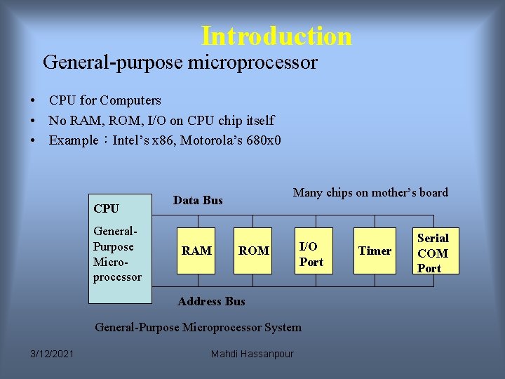 Introduction General-purpose microprocessor • CPU for Computers • No RAM, ROM, I/O on CPU Introduction General-purpose microprocessor • CPU for Computers • No RAM, ROM, I/O on CPU