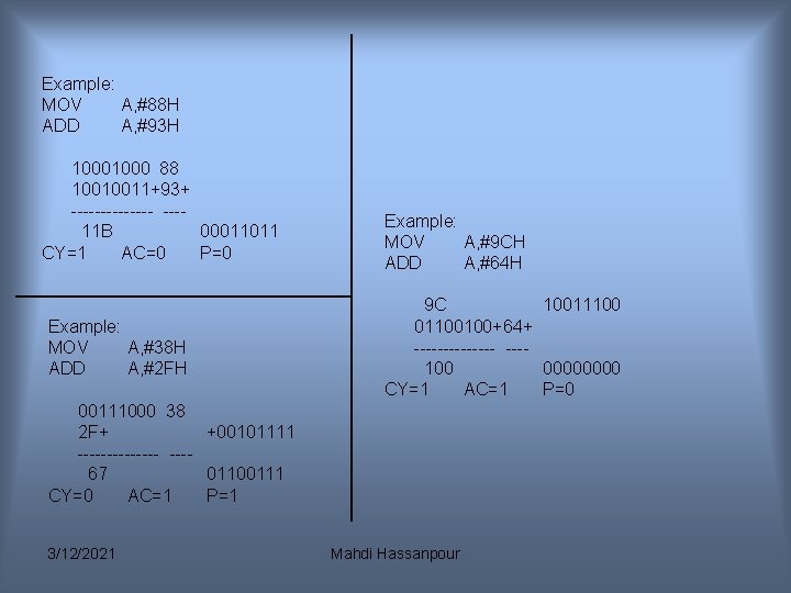 Example: MOV A, #88 H ADD A, #93 H 1000 88 10010011+93+ ------- ---11 Example: MOV A, #88 H ADD A, #93 H 1000 88 10010011+93+ ------- ---11