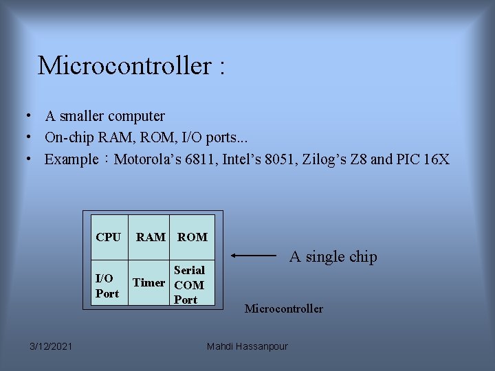 Microcontroller : • A smaller computer • On-chip RAM, ROM, I/O ports. . . Microcontroller : • A smaller computer • On-chip RAM, ROM, I/O ports. . .