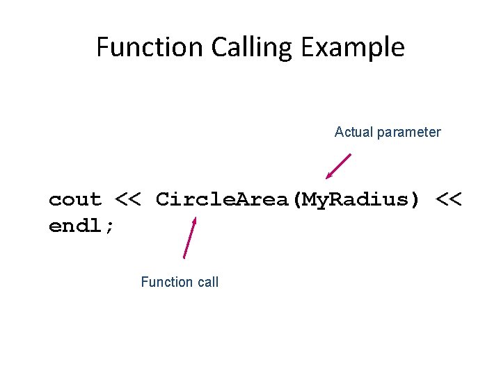 Function Calling Example Actual parameter cout << Circle. Area(My. Radius) << endl; Function call Function Calling Example Actual parameter cout << Circle. Area(My. Radius) << endl; Function call