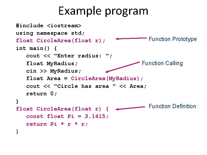 Example program #include <iostream> using namespace std; Function Prototype float Circle. Area(float r); int Example program #include <iostream> using namespace std; Function Prototype float Circle. Area(float r); int