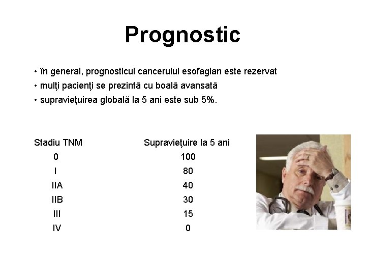 Prognostic • în general, prognosticul cancerului esofagian este rezervat • mulţi pacienţi se prezintă