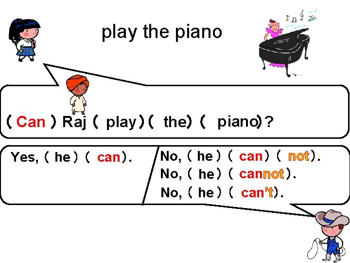 play the piano）? （ Can ） Raj （ play ）（ the） （ piano Yes,