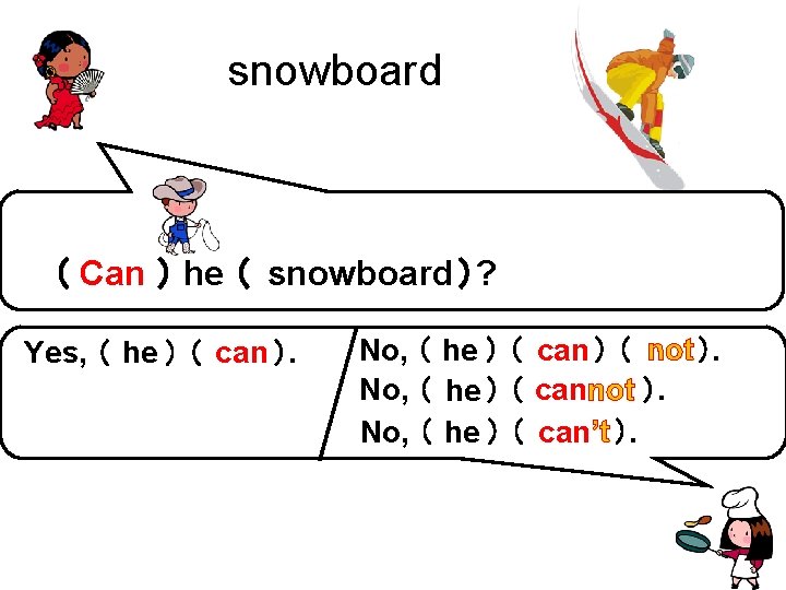 snowboard （ Can ） he （ snowboard ）? Yes, （ he ） （ can