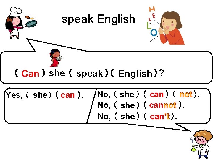 speak English （ Can ） she （ speak ）（ English ）? Yes, （ she
