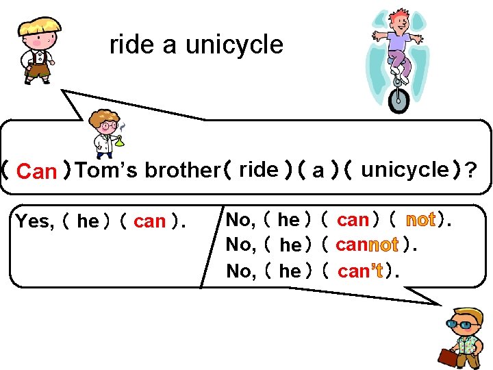 ride a unicycle ）? （ Can ）Tom’s brother（ ride ）（ a ）（ unicycle Yes,