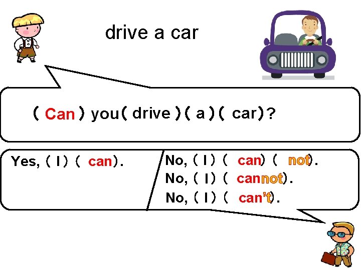 drive a car ）? （ Can ） you（ drive ）（ a ）（ car Yes,