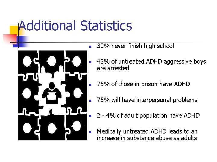 Additional Statistics n n 30% never finish high school 43% of untreated ADHD aggressive
