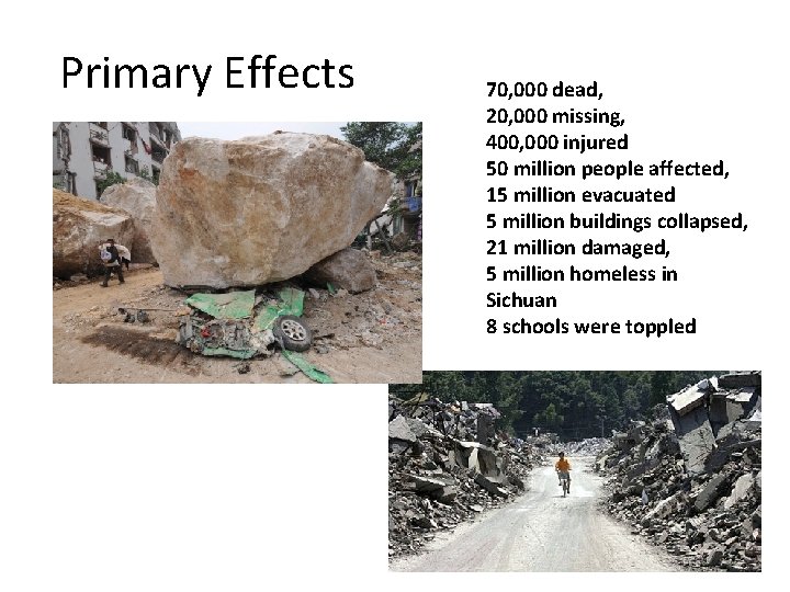 Primary Effects 70, 000 dead, 20, 000 missing, 400, 000 injured 50 million people