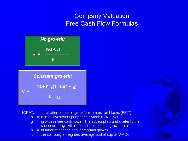 Company Valuation Free Cash Flow Formulas No growth: NOPAT 0 V = ---------k Constant