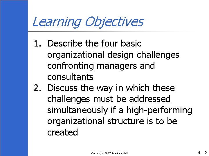 Learning Objectives 1. Describe the four basic organizational design challenges confronting managers and consultants