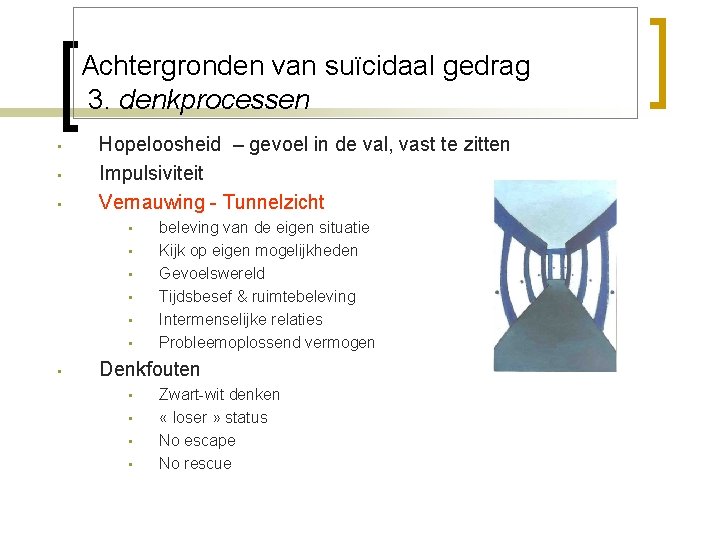 Achtergronden van suïcidaal gedrag 3. denkprocessen • • • Hopeloosheid – gevoel in de