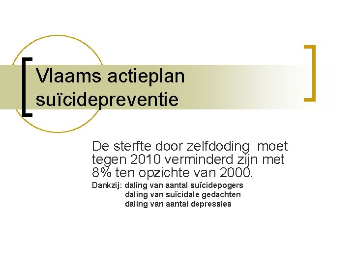 Vlaams actieplan suïcidepreventie De sterfte door zelfdoding moet tegen 2010 verminderd zijn met 8%