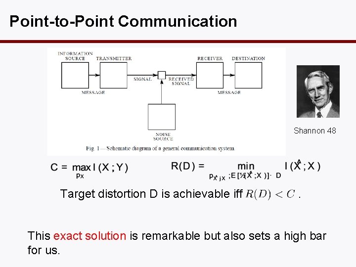 Point-to-Point Communication Shannon 48 Target distortion D is achievable iff . This exact solution