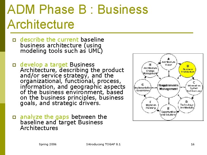 ADM Phase B : Business Architecture p describe the current baseline business architecture (using