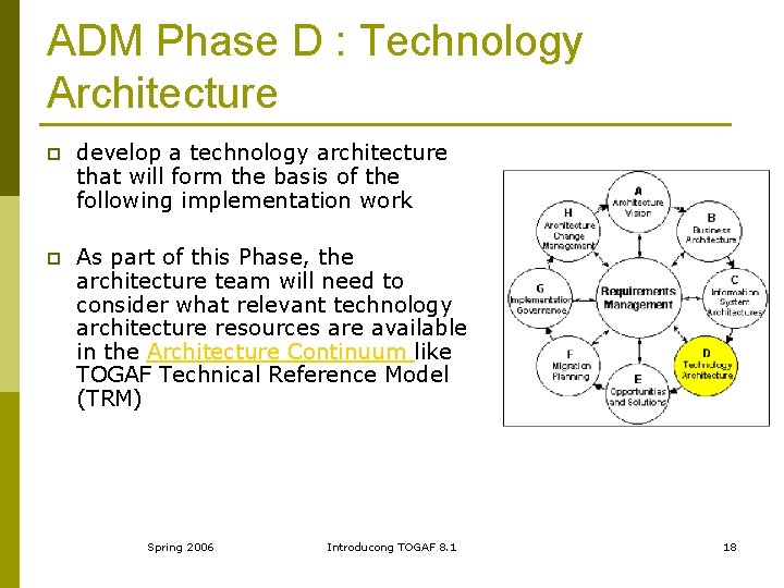 ADM Phase D : Technology Architecture p develop a technology architecture that will form