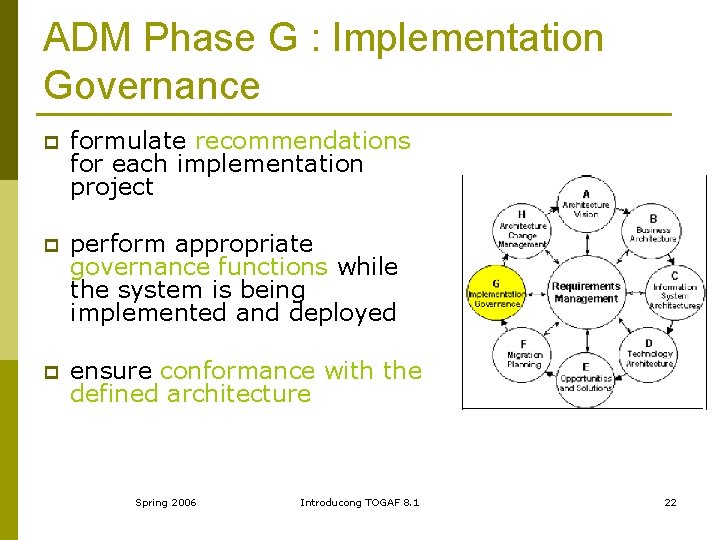 ADM Phase G : Implementation Governance p formulate recommendations for each implementation project p