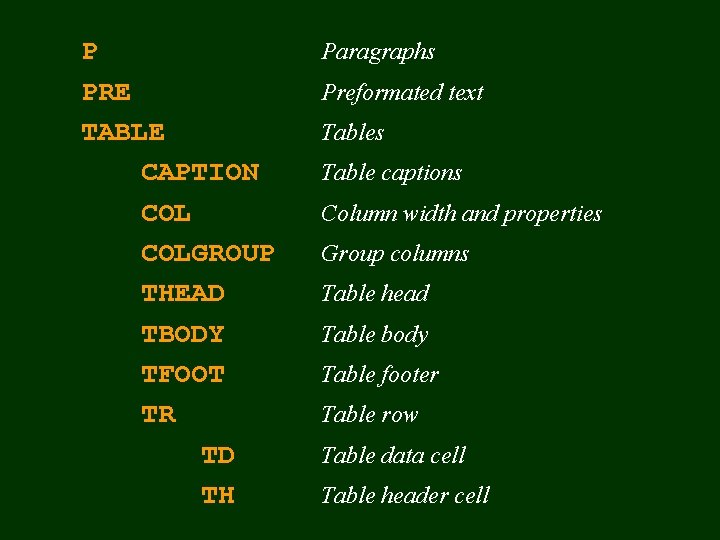 P PRE TABLE CAPTION COLGROUP THEAD TBODY TFOOT TR TD TH Paragraphs Preformated text