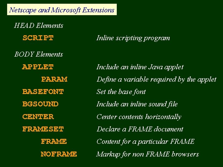 Netscape and Microsoft Extensions HEAD Elements SCRIPT Inline scripting program BODY Elements APPLET PARAM