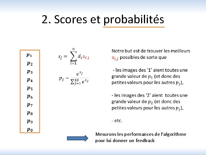 2. Scores et probabilités Mesurons les performances de l’algorithme pour lui donner un feedback